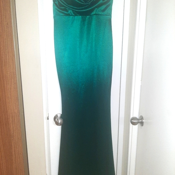 Long Satin Holiday Green Dress with Ruffled Neckline, Back Zipper - Picture 2 of 5